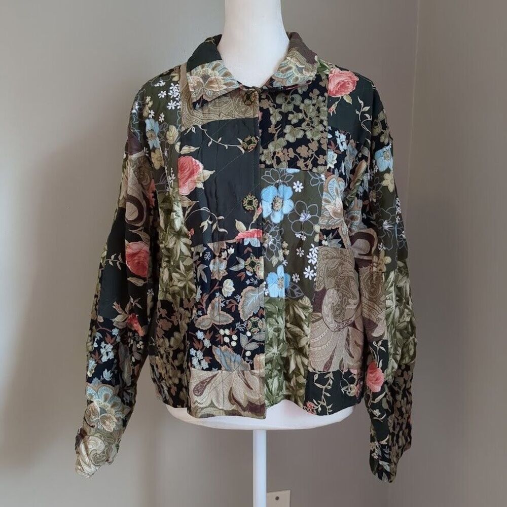 Vintage 90s Casual Studio Quilted Jacket Patchwork Floral Foliage Rose Medium